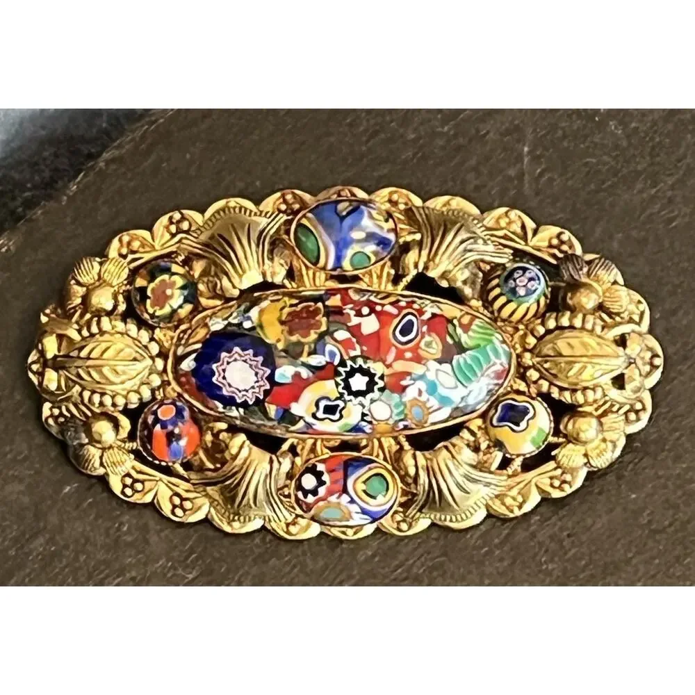 Vintage Millefiori Glass Cabuchon Brass Large Pin Brooch Gold Tone 2.5”